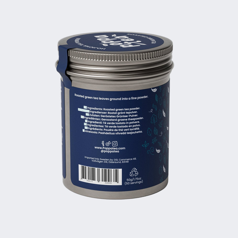 Poppatea hojicha tea powder (roasted green tea) side image showing the ingredients