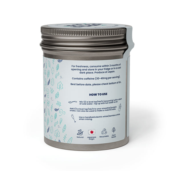 Matcha green tea in recyclable tin