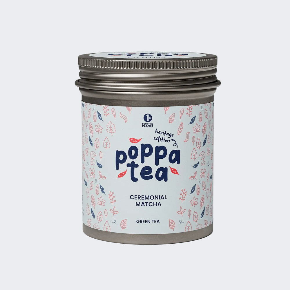 Poppa Tea ceremonial matcha green tea heritage edition canister on a white background