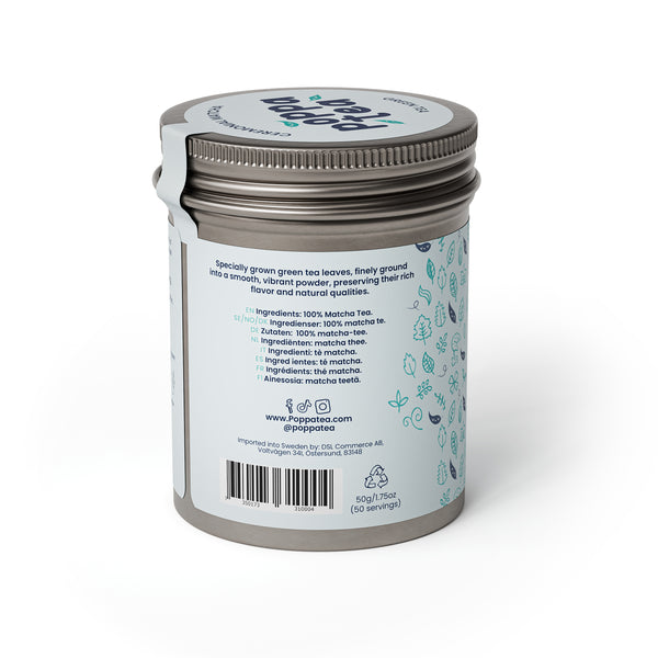 Matcha tea in a recyclable Aluminum tin. Side image showing ingredients in multiple languages.