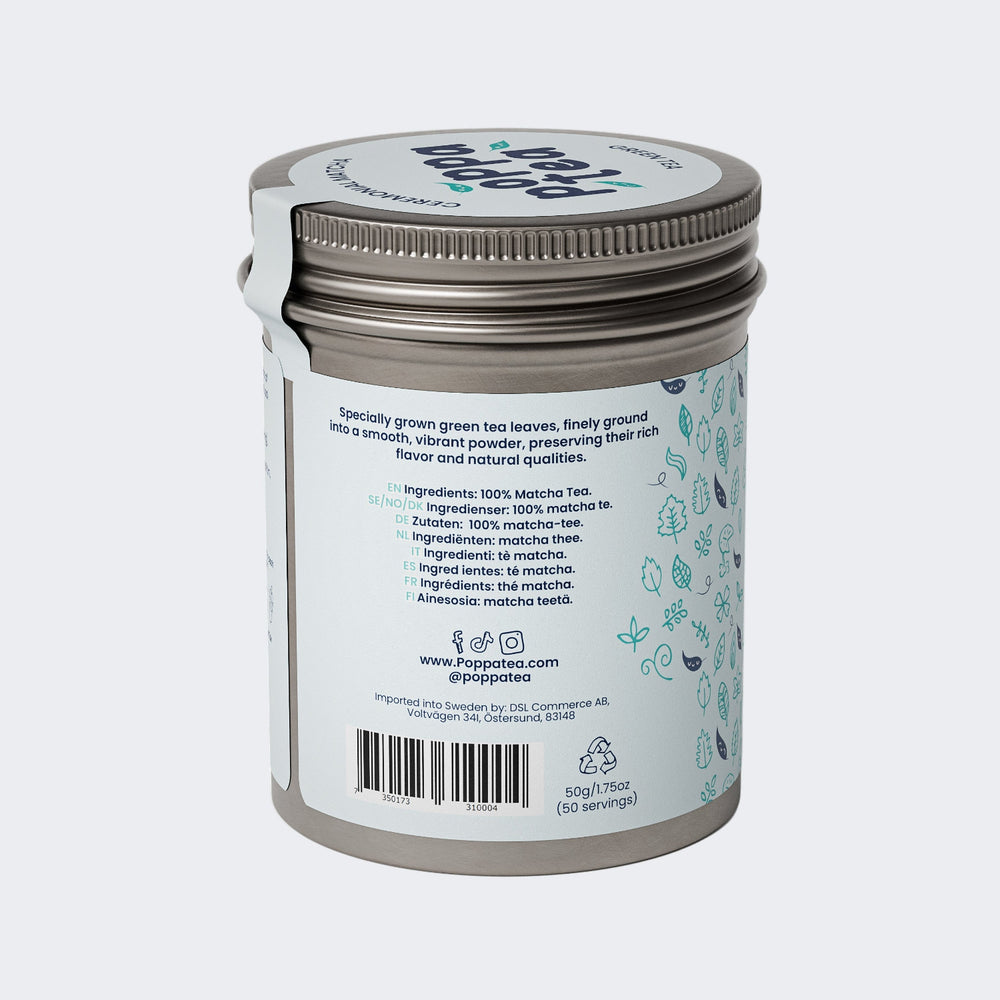 Matcha tea in a recyclable Aluminum tin. Side image showing ingredients in multiple languages.