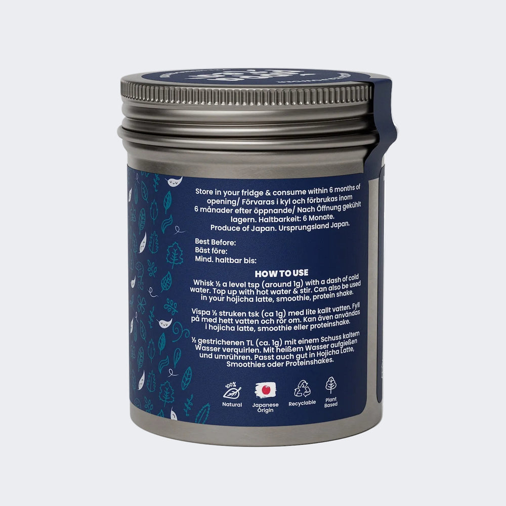 PoppaTea Hojicha tea powder in recyclable tin. Side image showing how to use hojicha tea powder.