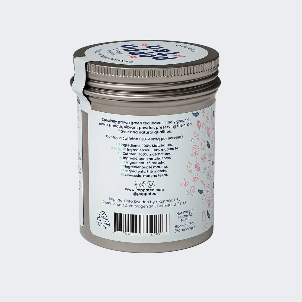 Matcha powder container with label on a white background