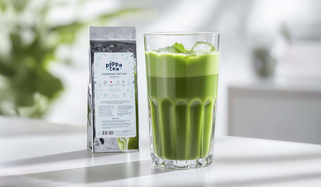 Matcha tea immune boosting juice in a clear tall glass