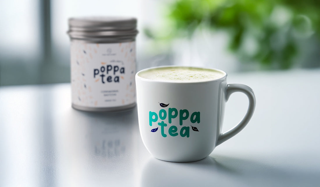 Matcha Hot Chocolate in poppatea brande mug with a tin of first harvest matcha in the background