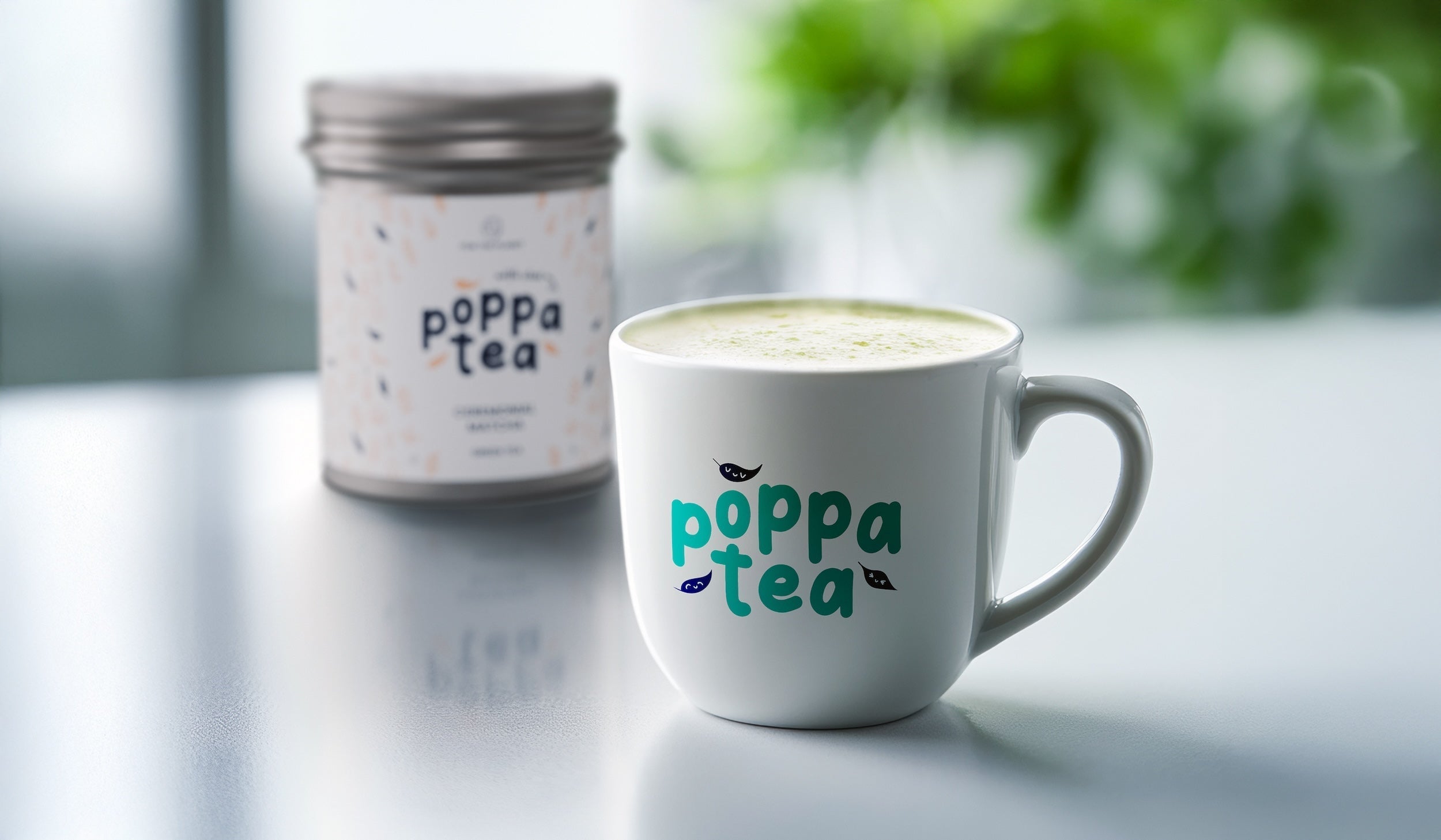 Matcha Hot Chocolate in poppatea brande mug with a tin of first harvest matcha in the background