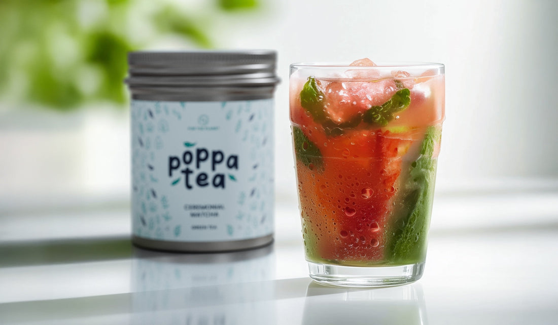 Matcha & Watermelon Iced Tea in a clear cup. Red and green drink with PoppaTea ceremonial grade matcha in the background.