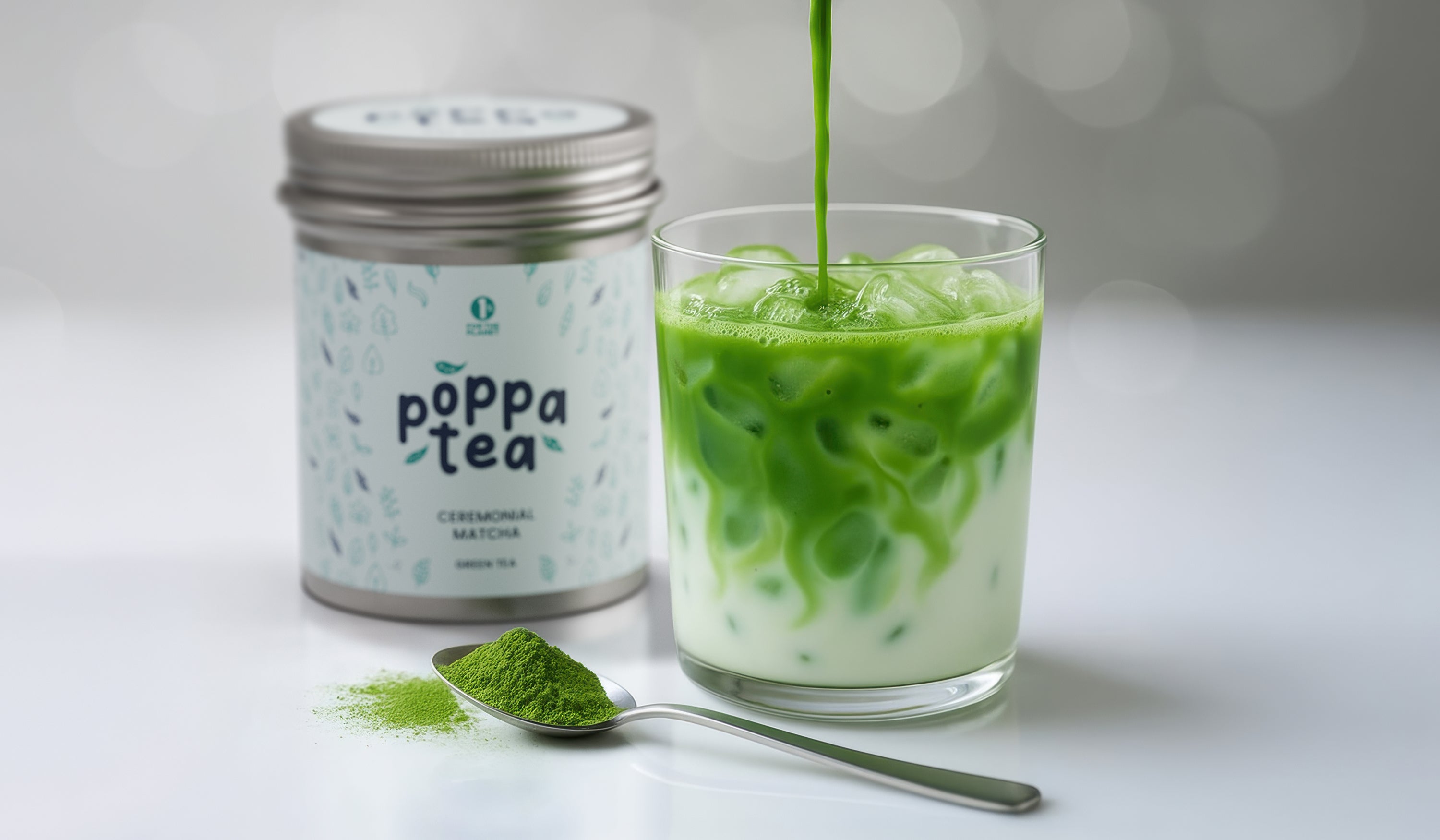 iced matcha latte being poured into a clear cup next to a spoon of first harvest ceremonial grade matcha