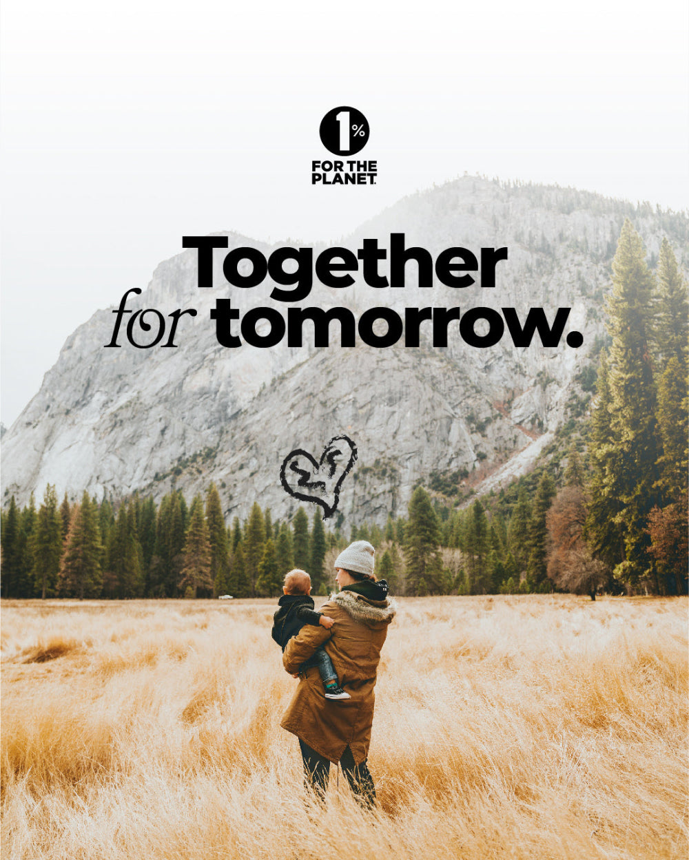 1% for the planet donations images showing family in a field and with the message together for tomorrow