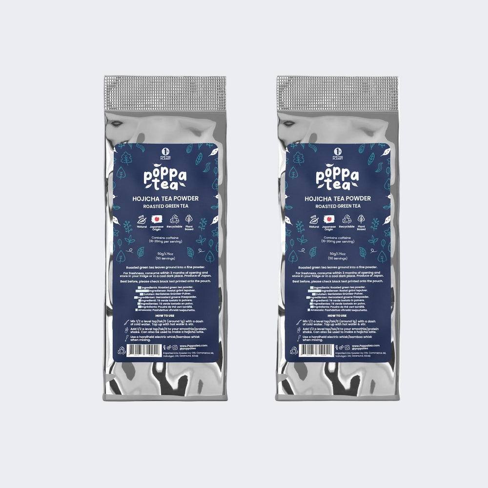 2 x hojicha tea powder refill pouches. 100g of roasted green tea powder. Front image with poppatea branded label.