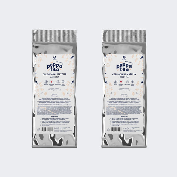 2 x matcha tea with chai refill pouches, total size 100g of matcha in aluminium pouch with poppatea branded labels