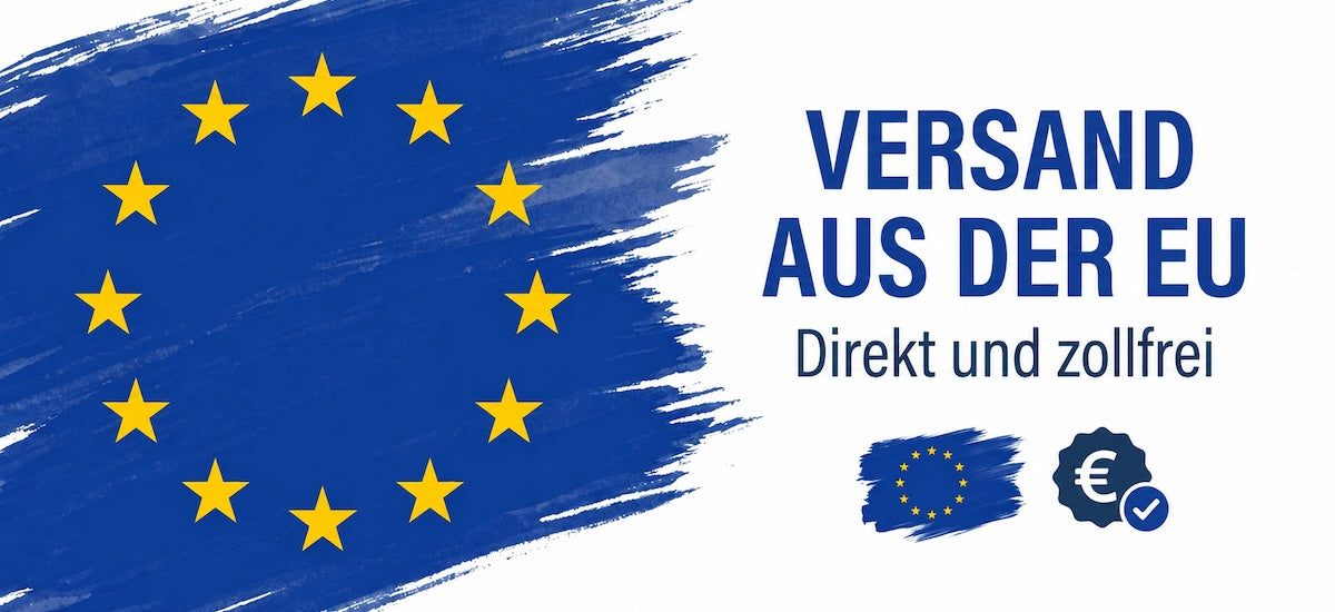 Promotional graphic with a blue and yellow European Union flag brushstroke on the left, the German text 'VERSAND AUS DER EU' and 'Direkt und zollfrei' on the right, and small EU and euro icons near the bottom.