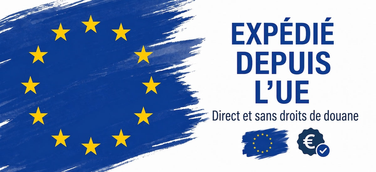 Promotional graphic with a blue and yellow European Union flag brushstroke on the left and French text reading 'EXPÉDIÉ DEPUIS L'UE' plus smaller text 'Direct et sans droits de douane' and EU/euro icons on a white background.