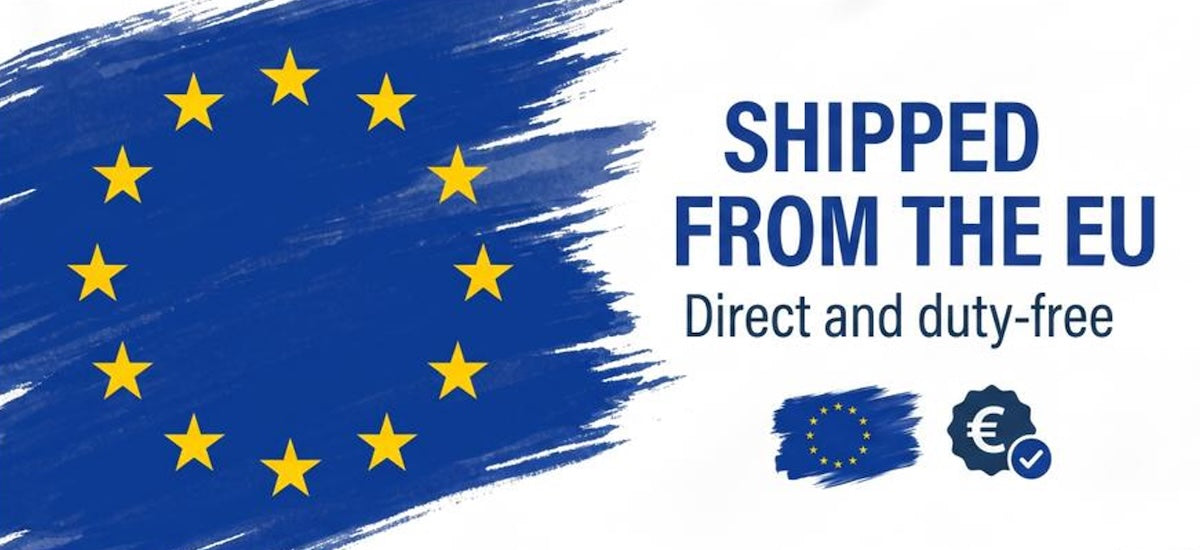 Promotional graphic with a blue and yellow European Union flag design on the left and text reading 'SHIPPED FROM THE EU' and 'Direct and duty-free' on a white background, plus small EU flag and euro coin icons.