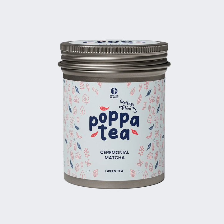 Poppa Tea ceremonial matcha green tea heritage edition canister on a white background