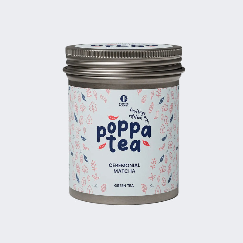 Poppa Tea ceremonial matcha green tea heritage edition canister on a white background