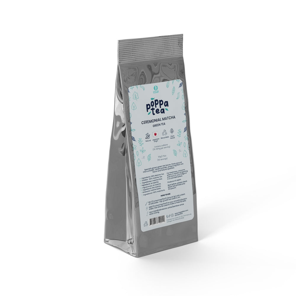 ceremonial matcha tea refill pouch 50g in a aluminium foil pouch.