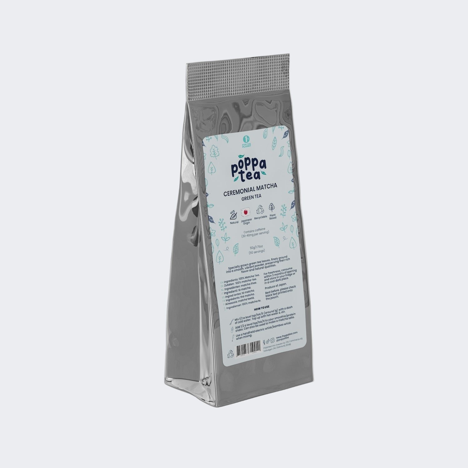 ceremonial matcha tea refill pouch 50g in a aluminium foil pouch.