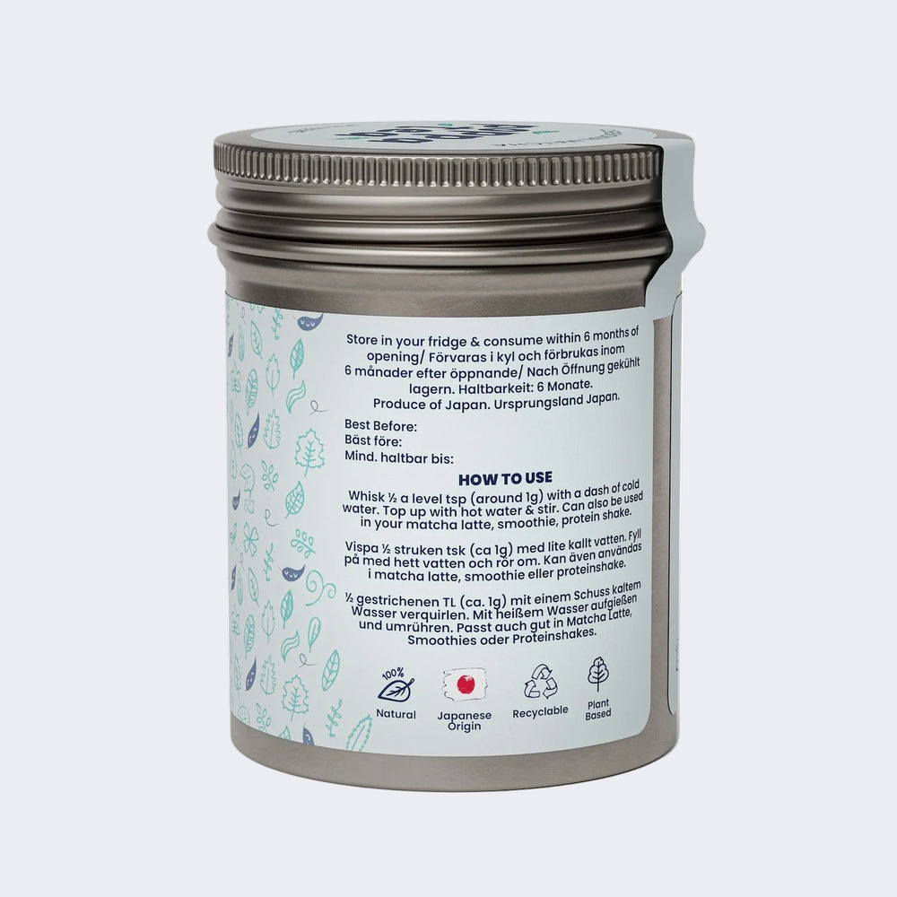 Matcha green tea in recyclable tin. Side image showing how to use your PoppaTea matcha. 
