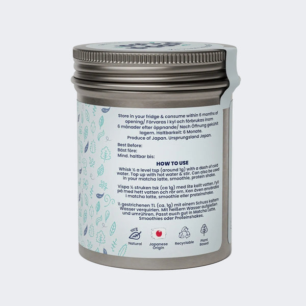 Matcha green tea in recyclable tin. Side image showing how to use your PoppaTea matcha. 