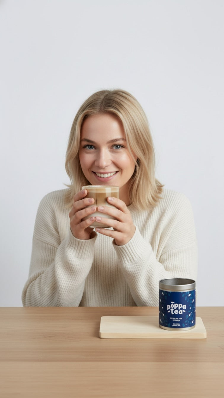 young female enjoying a hot cup of hojicha latte made by PoppaTea