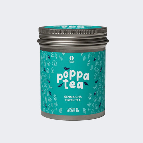 Genmaicha Green Tea canister with 'poppa tea' label on a white background