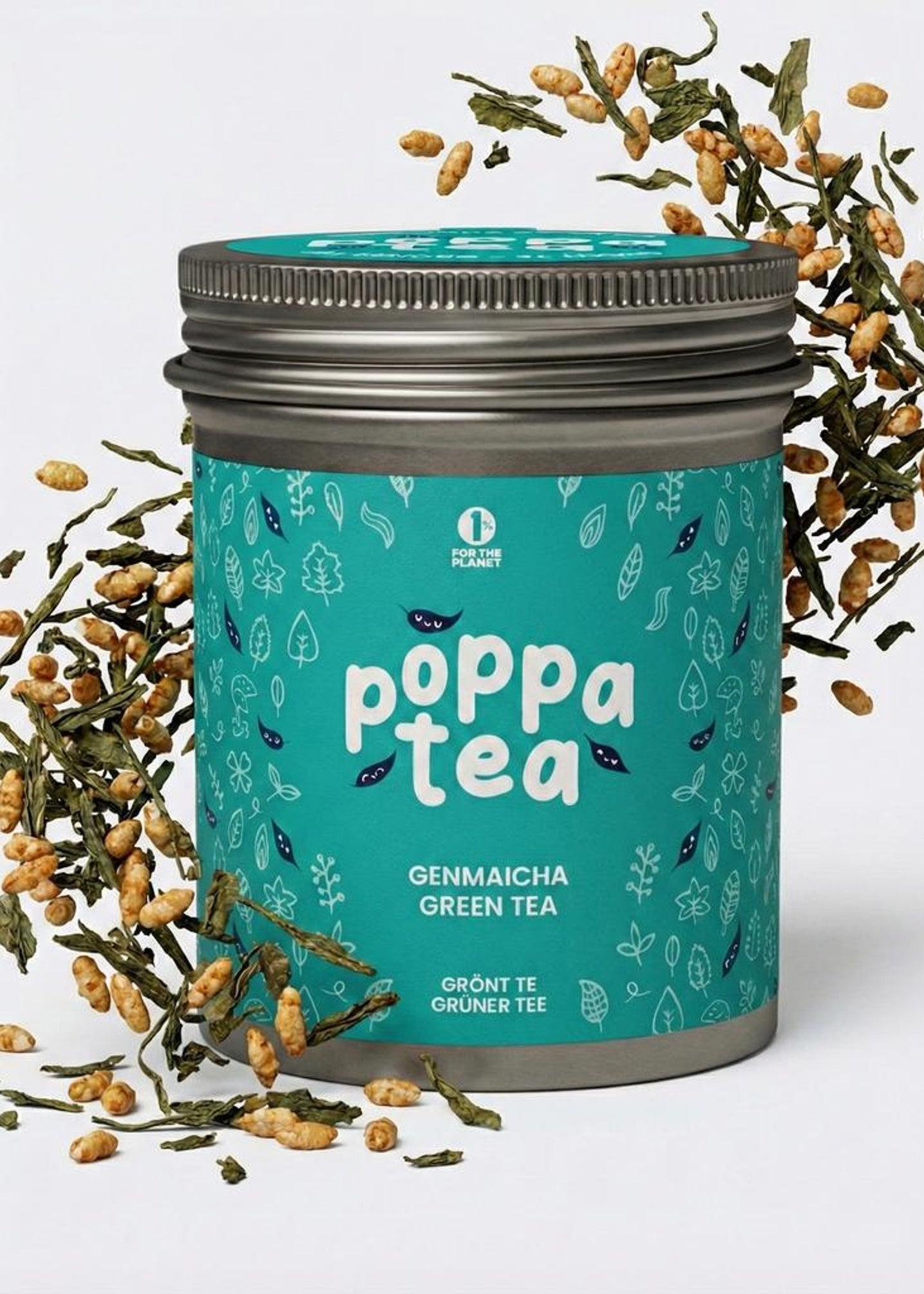 genmaicha leaves swirling around behing a tin of poppatea genmicha