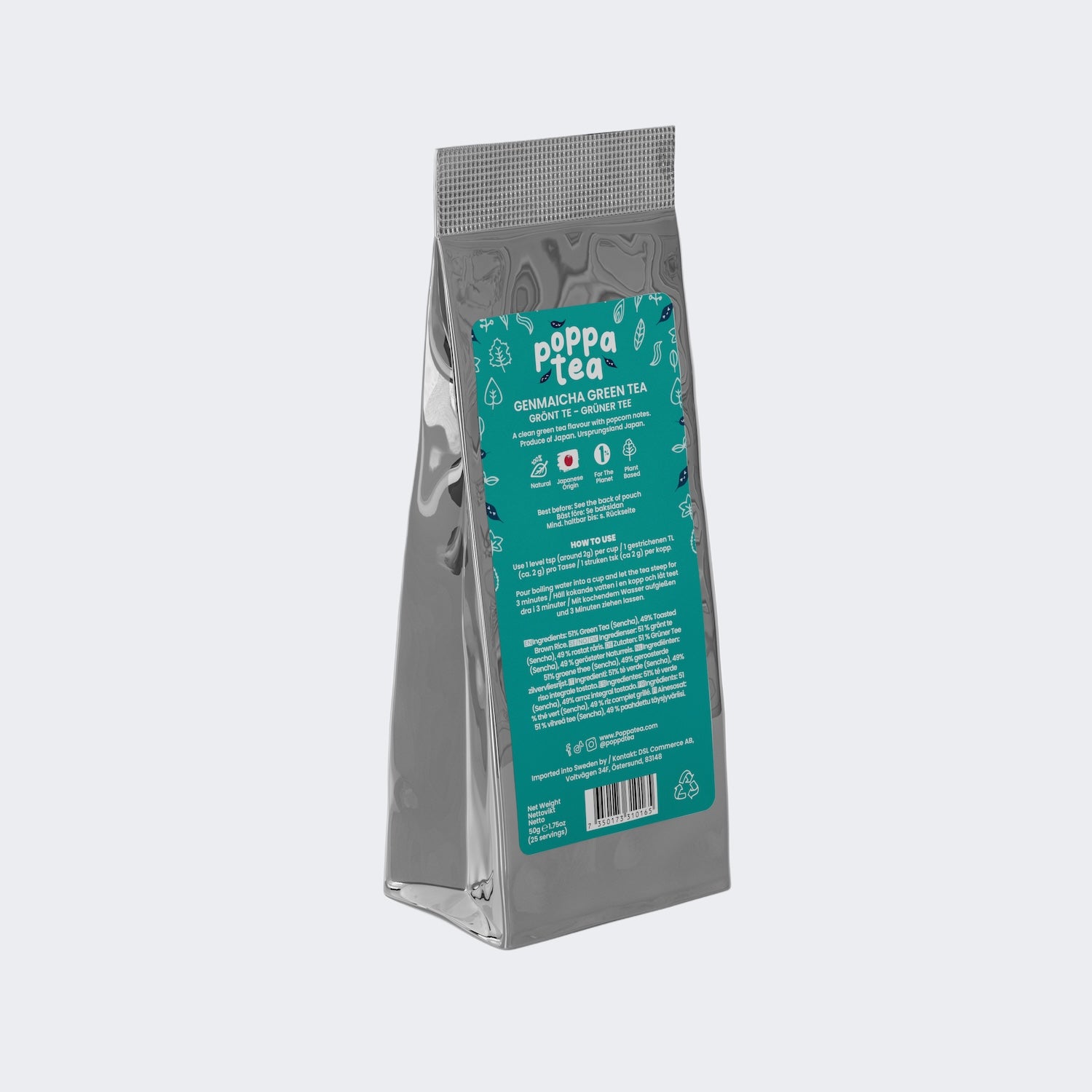 genmaicha green tea in a silver refill pouch