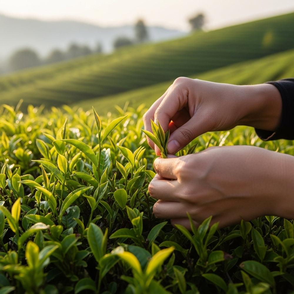 hand picking sencha green tea leaves from tea farm
