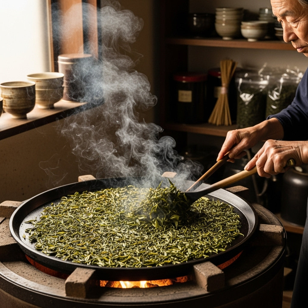 sencha green tea leaves being roasted to make hojicha