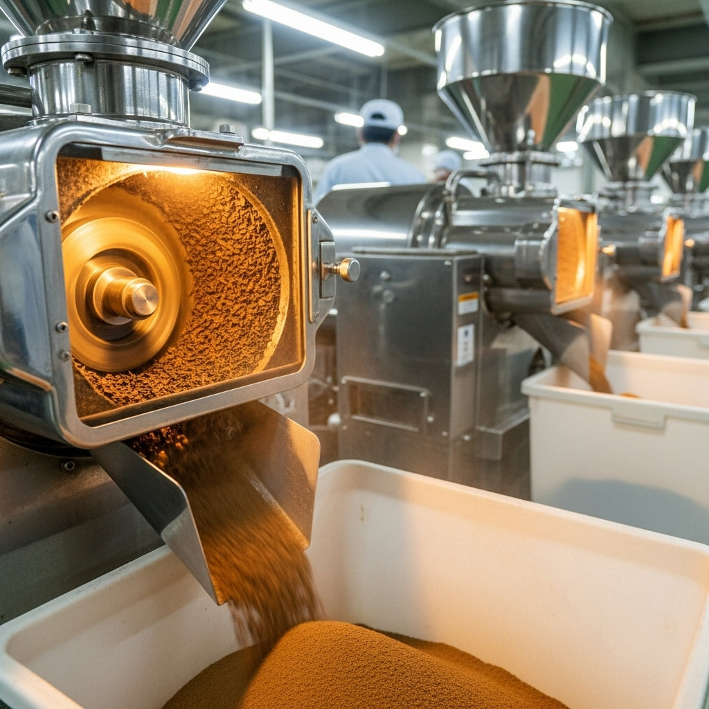 roasted green tea leaves being grinded into a fine powder