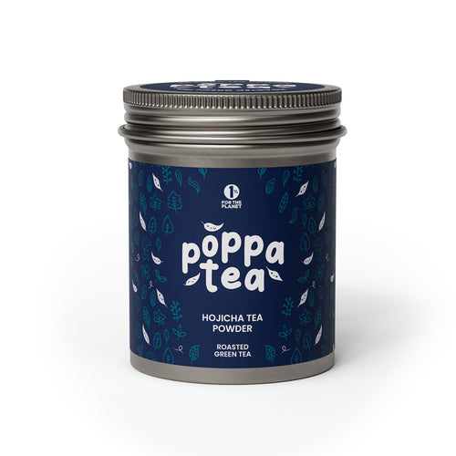 A tin container of PoppaTea Hojicha Tea Powder with a blue label featuring Japanese characters and decorative patterns.