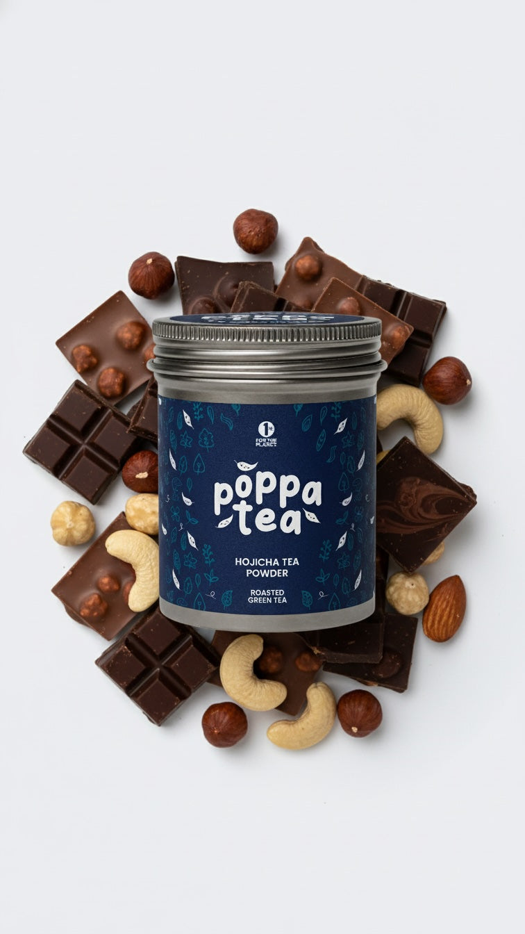 poppatea hojicha tea powder tin surrounded by chocolate and nuts to match its flavour profile
