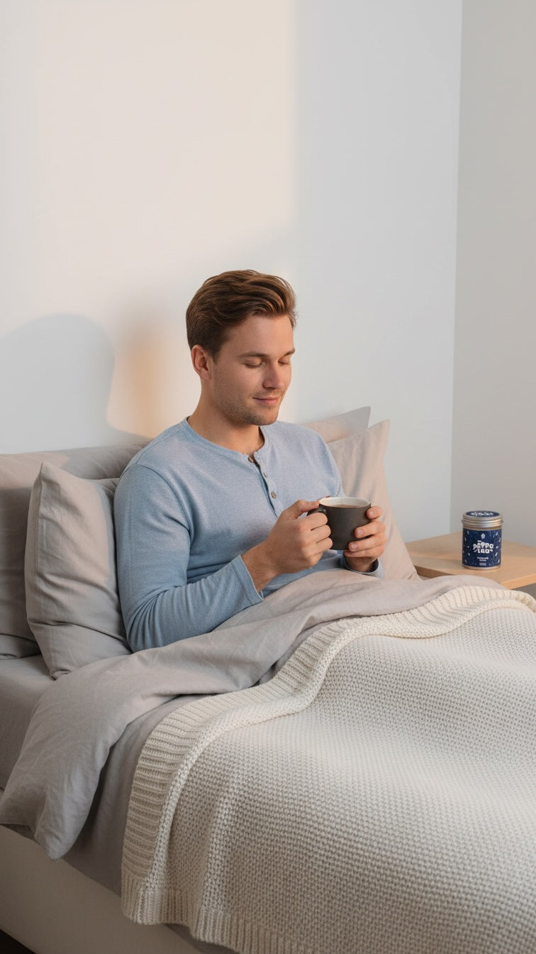 enjoying a hojicha tea in bed to show it is low in caffeine