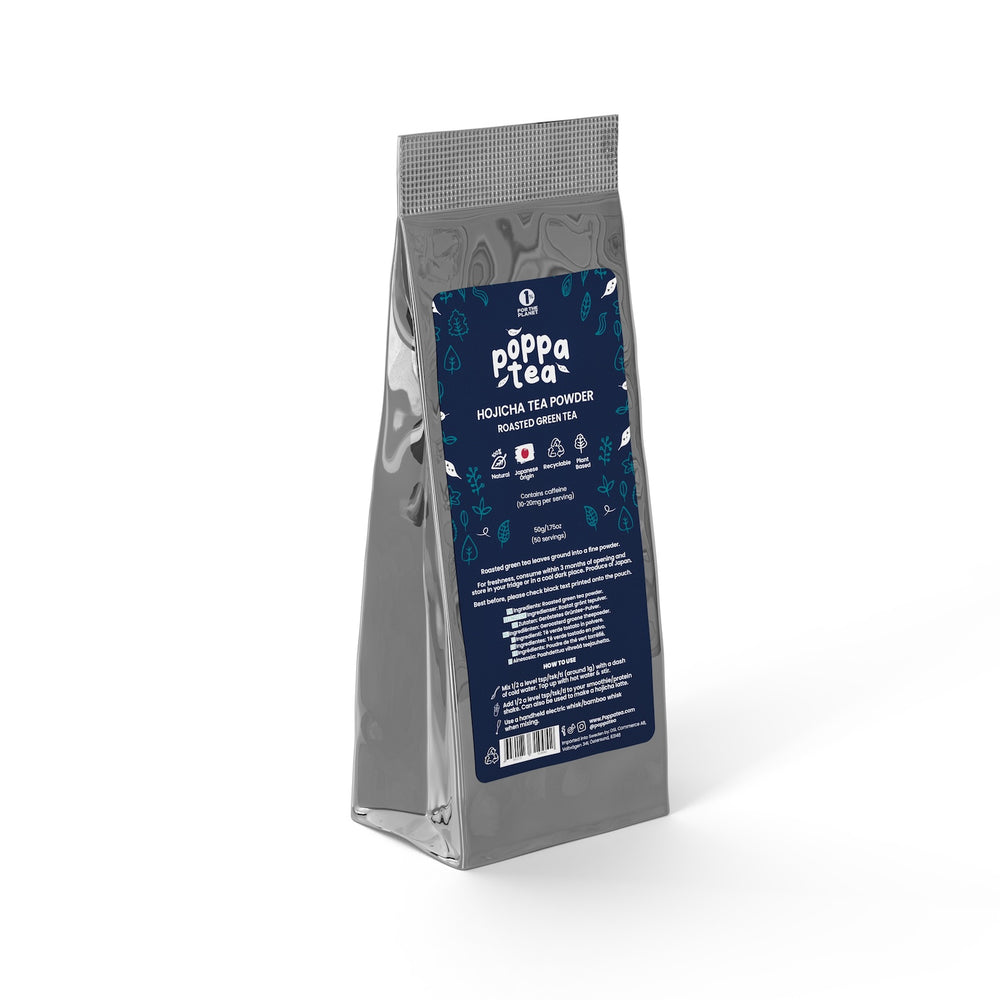 hojicha tea powder in a 50 refill pouch. 