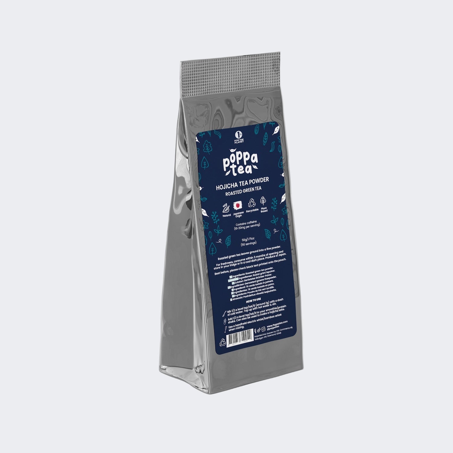 hojicha tea powder in a 50 refill pouch. 