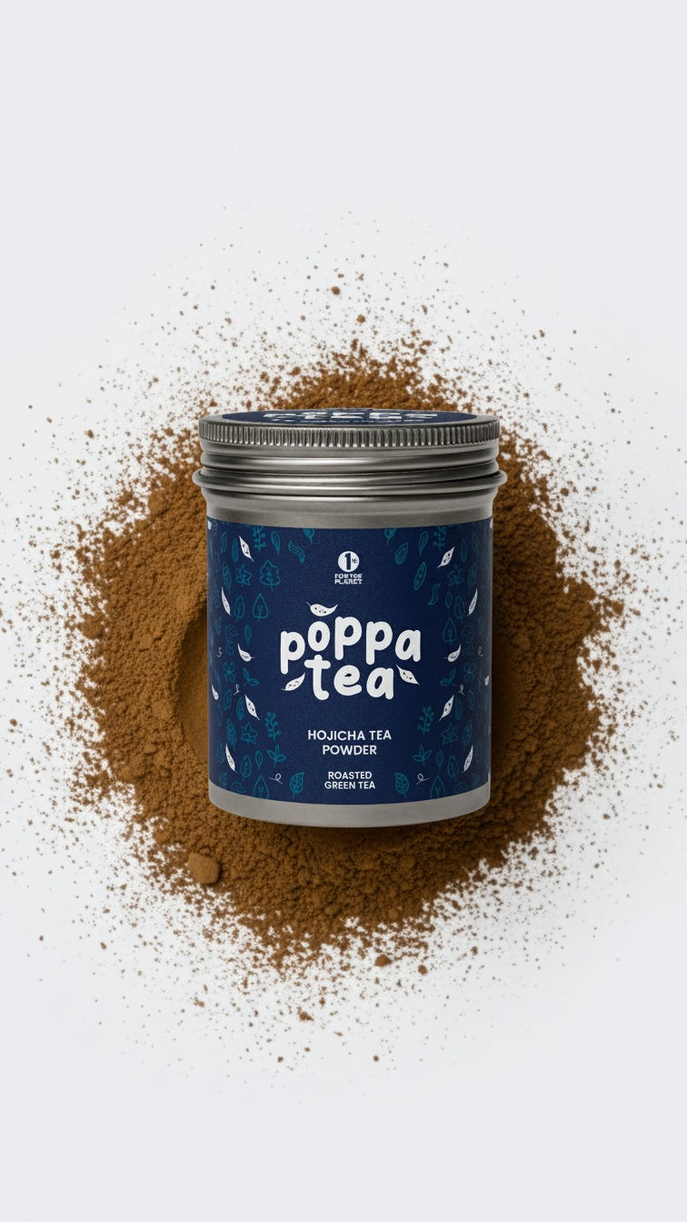 brown hojicha tea powder surrounding a tin of PoppaTea hojicha