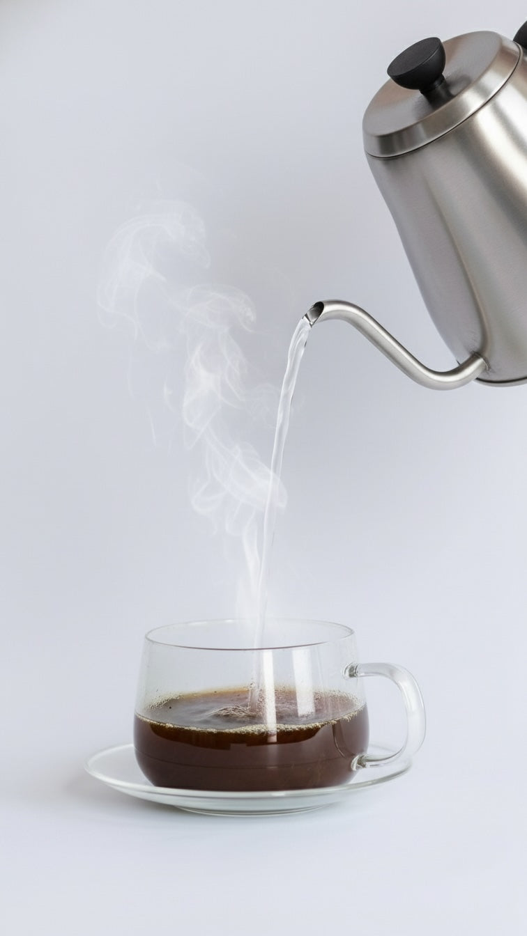 hot water being poured into a cup that contain hojicha powder