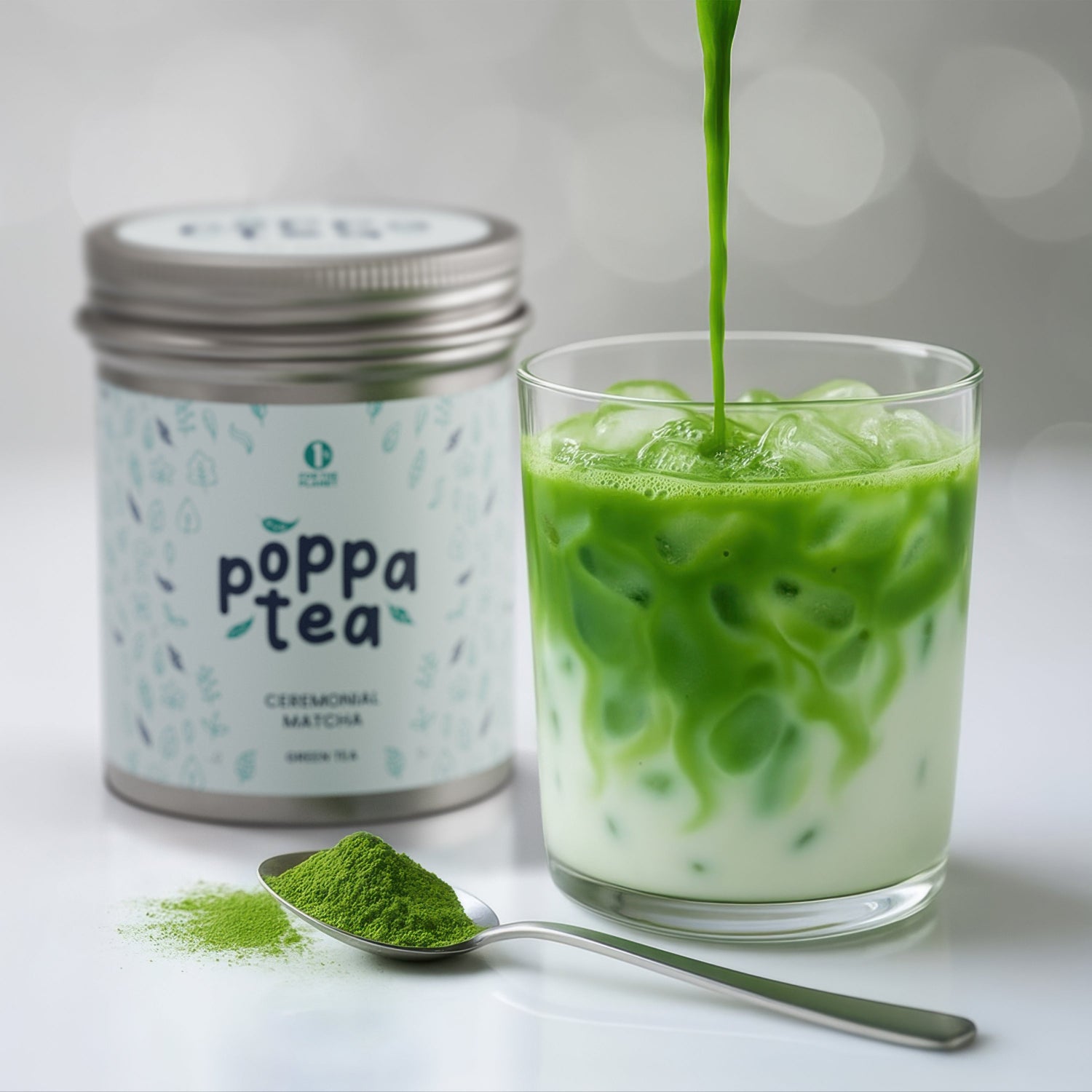 iced matcha latte drink being poured into a clear cup with a tine of PoppaTea matcha in the background