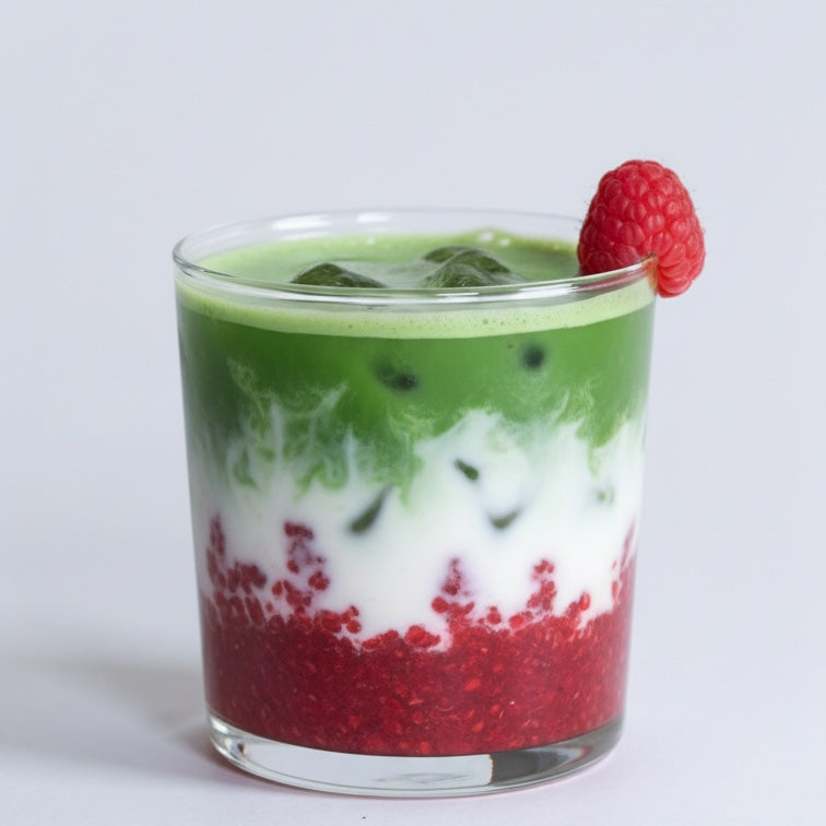 A layered dessert in a clear glass cup, featuring a matcha green tea top layer with small dark fruit pieces, a white middle layer, and a red bottom layer, garnished with a fresh raspberry on a light gray background.