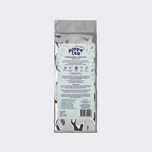 A silver refill pouch of Poppa Tea Ceremonial Matcha - koku edition, shown from the back on a clean grey background.