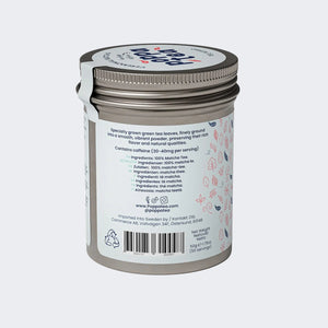Matcha powder container with label on a white background