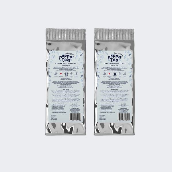 Two refill pouches of poppa tea Ceremonial Matcha - koku edition, shown side by side against a light gray background.
