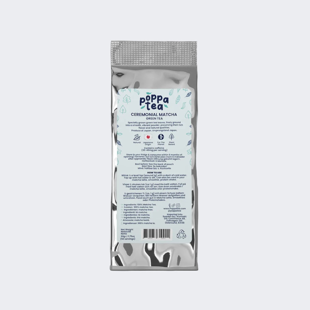 ceremonial matcha tea refill pouch 50g in a aluminium foil pouch.