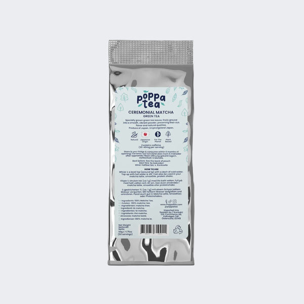 ceremonial matcha tea refill pouch 50g in a aluminium foil pouch.