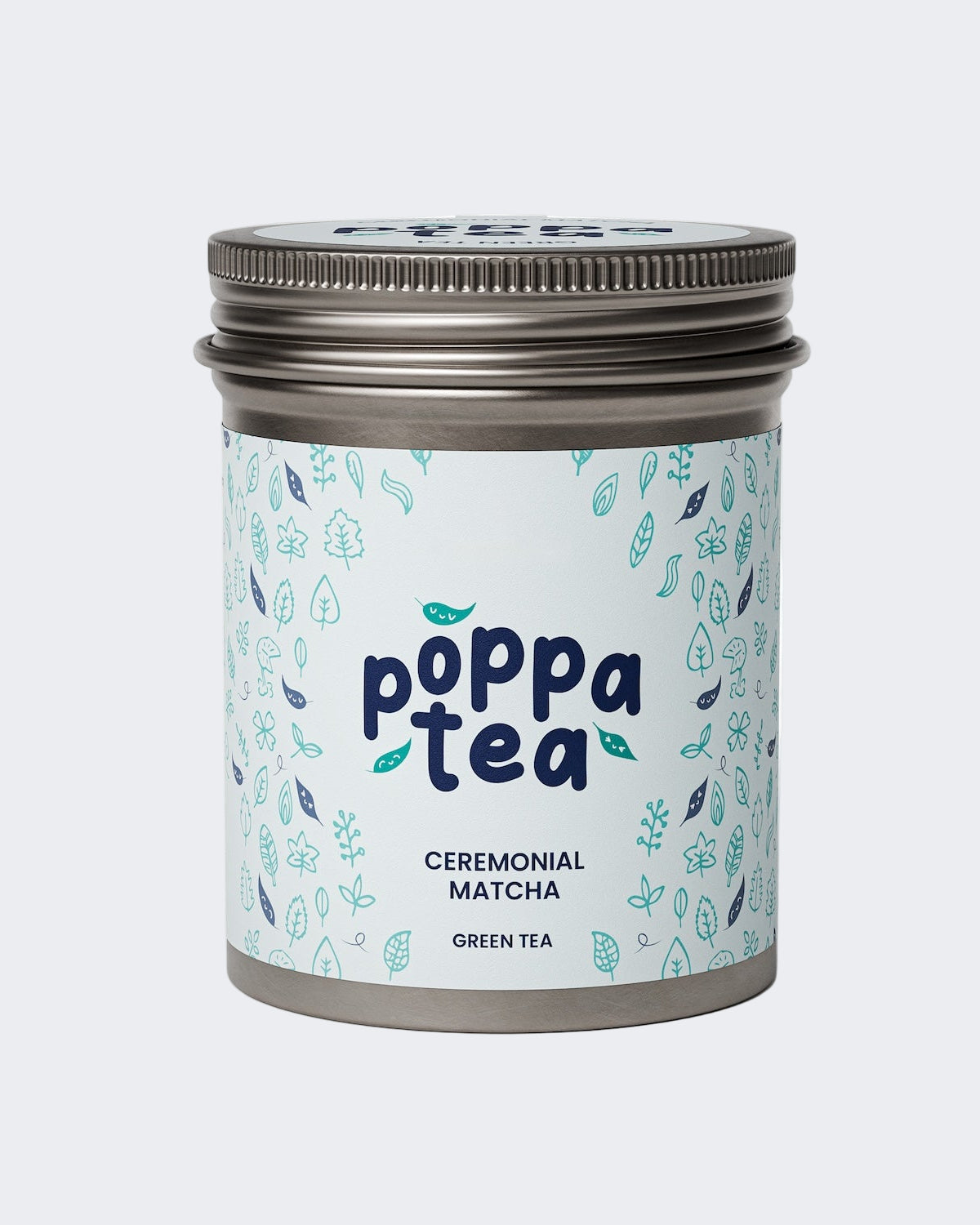PoppaTea high quality matcha in a aluminium tin with a light blue label