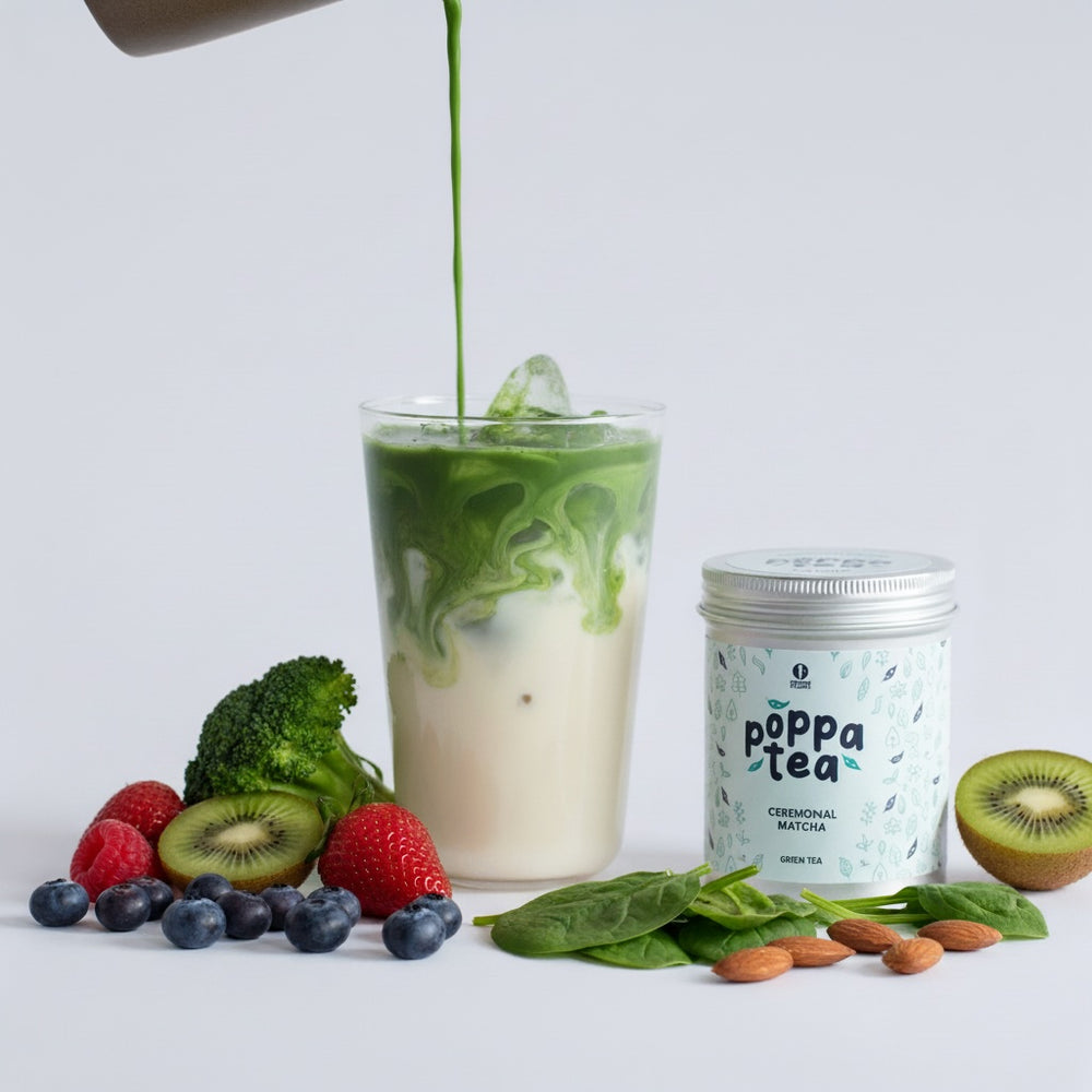 PoppaTea matcha tea surrounded by antioxidant foods