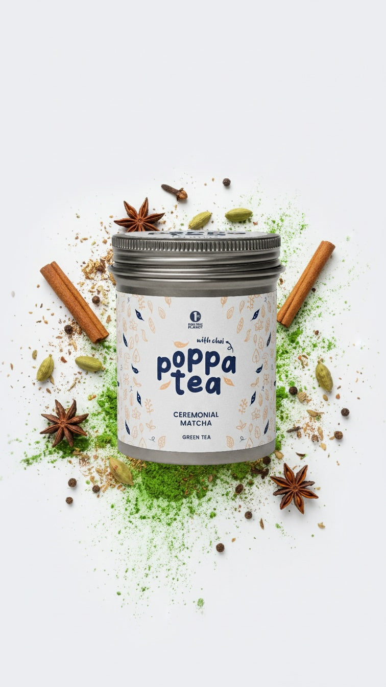 poppatea matcha with chai surrounded by chai spice ingredients and matcha powder
