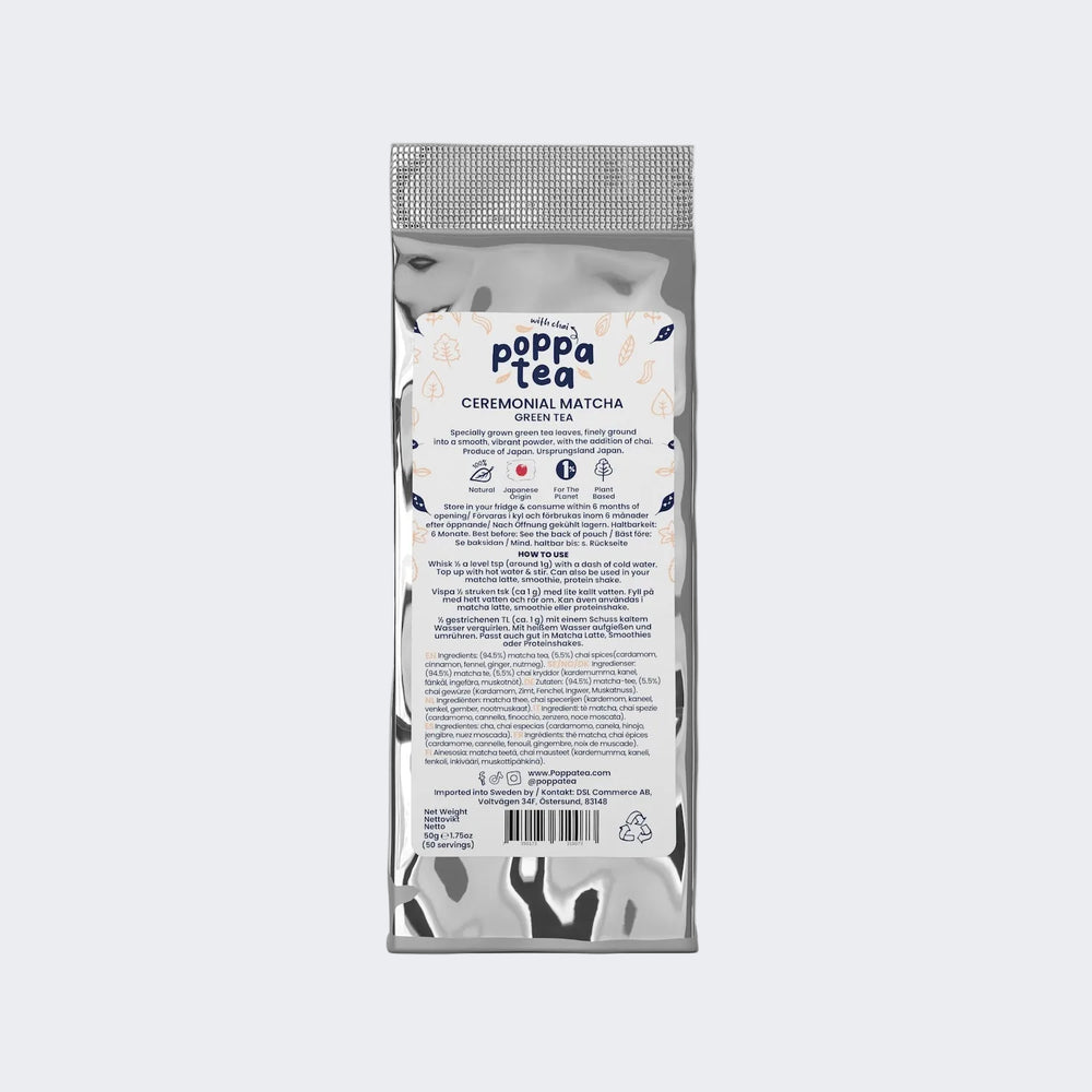 Poppa Tea ceremonial chai matcha in a 50g refill pouch