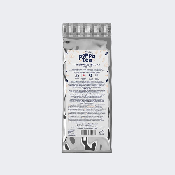Poppa Tea ceremonial chai matcha in a 50g refill pouch